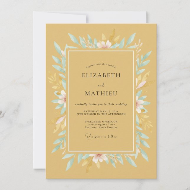 Invitation Mariage Romantique Fleurie Douce Moutarde (Devant)