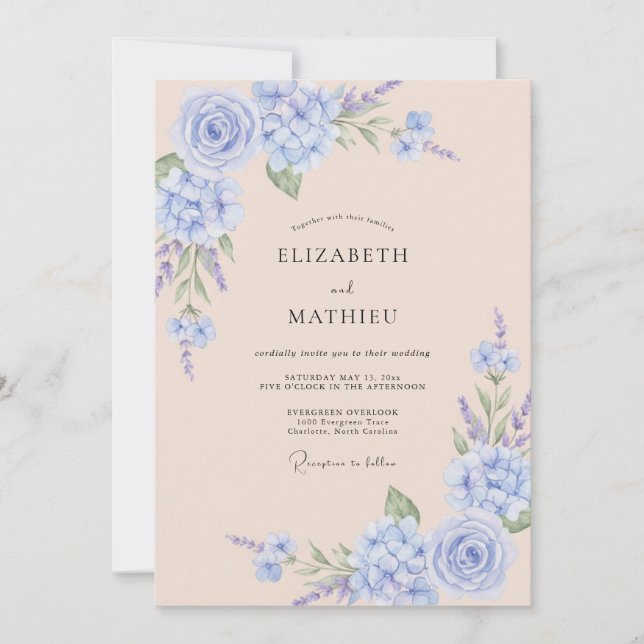 Invitation Mariage Romantique Fleurie Douce Pervenche (Devant)