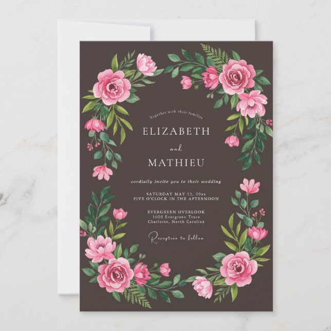 Invitation Mariage Romantique Fleurie Rose (Devant)