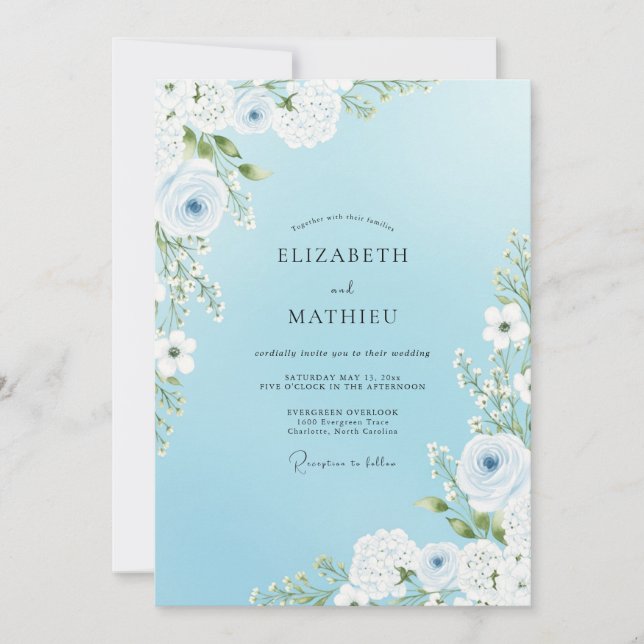 Invitation Mariage Romantique Fleurissant Bleu Ciel (Devant)