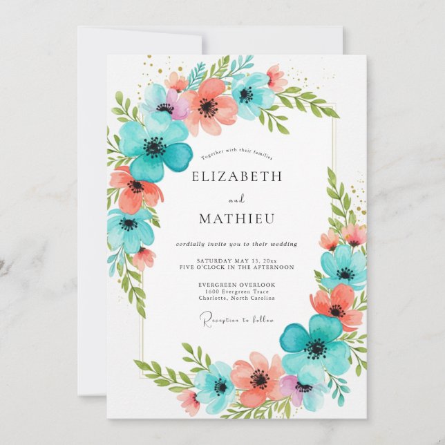 Invitation Mariage Romantique Fleurissant de Corail Sarcelle (Devant)