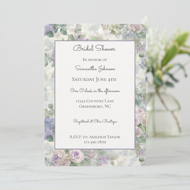 Invitation Mariage Romantique Fleuriste Lavande Violette (Debout devant)