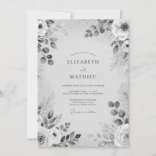 Invitation Mariage Romantique Fleuriste Monochrome Gris (Devant)