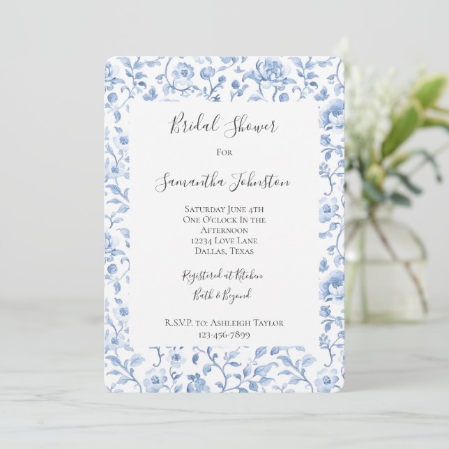 Invitation Mariage Romantique Fleurs Blanches et Bleues (Debout devant)