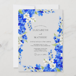 Invitation Mariage Romantique Fleurs Bleu Cobalt