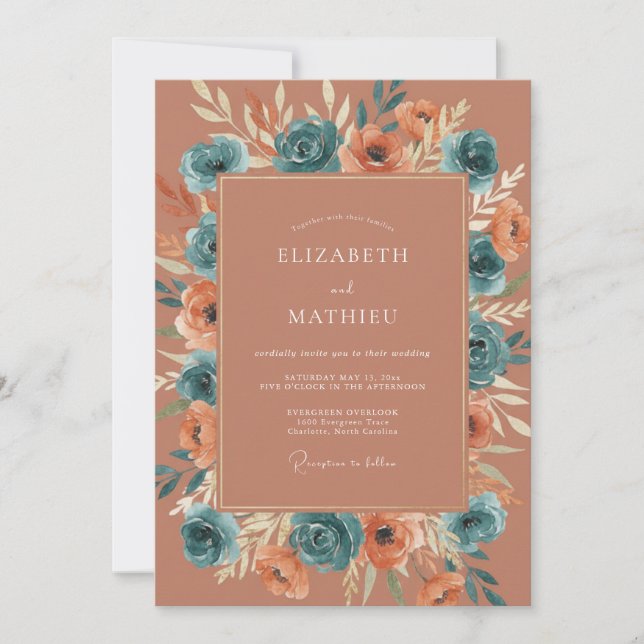 Invitation Mariage Romantique Fleurs Bleues Terracotta (Devant)