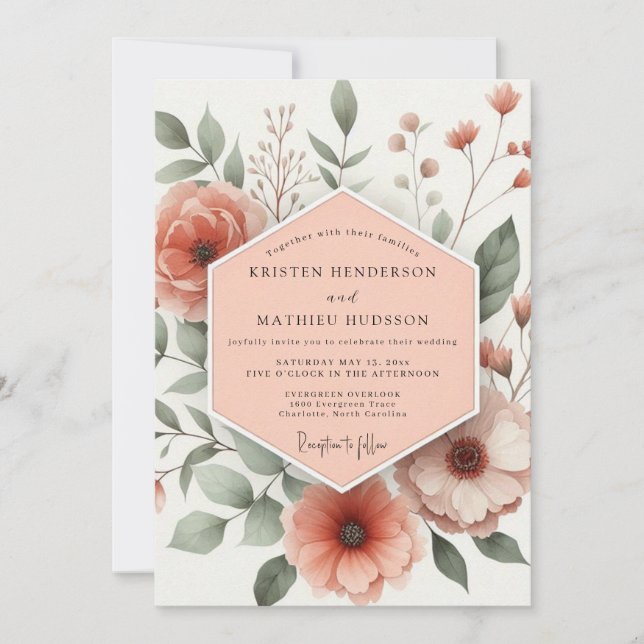 Invitation Mariage Romantique Fleurs de Corail (Devant)