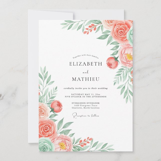 Invitation Mariage Romantique Fleurs de Corail (Devant)