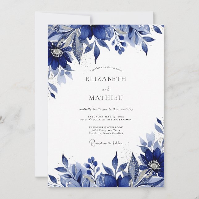 Invitation Mariage Romantique Fleurs Indigo (Devant)