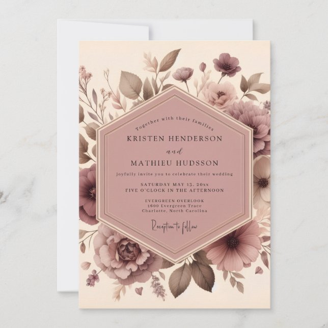 Invitation Mariage Romantique Fleurs Rose Poussiéreuse (Devant)