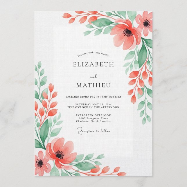 Invitation Mariage Romantique Floraison de Corail (Devant)