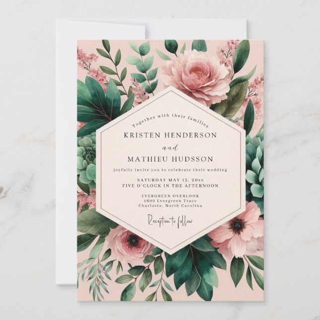 Invitation Mariage Romantique Floraison d'Émeraude Rose (Devant)