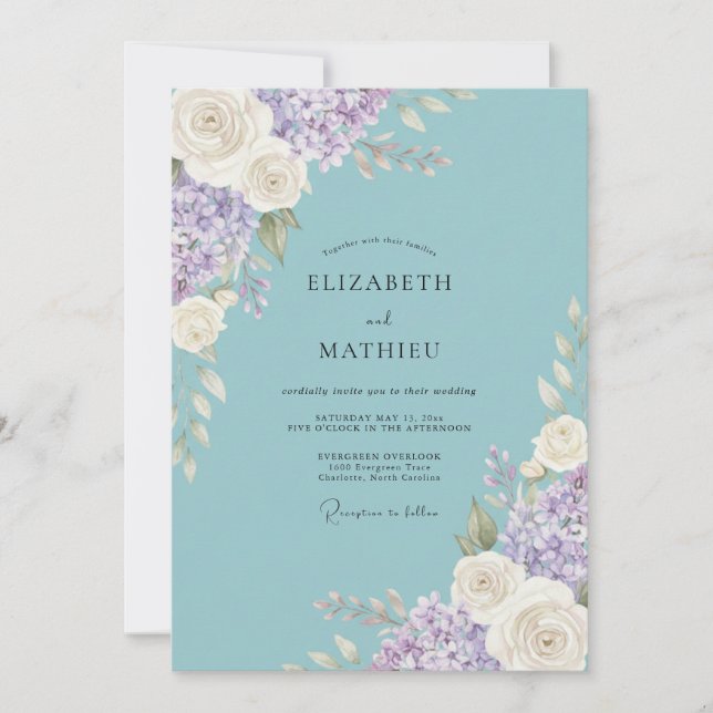 Invitation Mariage Romantique Floral Aqua (Devant)