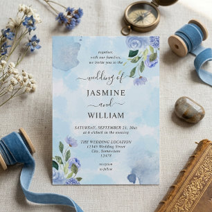 Invitation Mariage romantique floral aquarelle bleu poussiére