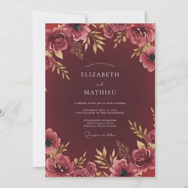 Invitation Mariage Romantique Floral Aquarelle Marron (Devant)