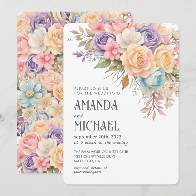 Invitation Mariage Romantique Floral Arc-en-ciel Pastel (Devant / Derrière)