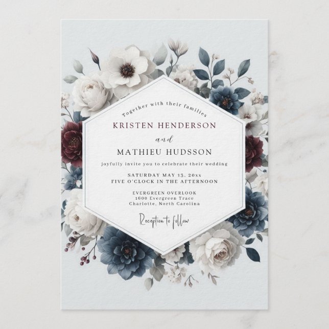 Invitation Mariage romantique floral ardoise Bourgogne (Devant)