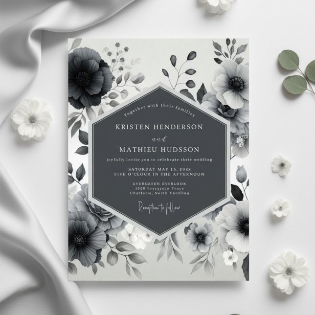 Invitation Mariage Romantique Floral au Charbon (Créateur téléchargé)