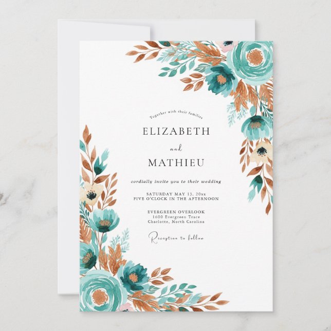 Invitation Mariage Romantique Floral Automnal Sarcelle (Devant)