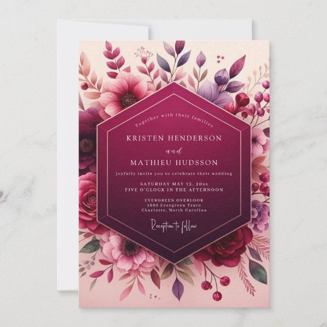 Invitation Mariage Romantique Floral aux Baies Profondes (Devant)