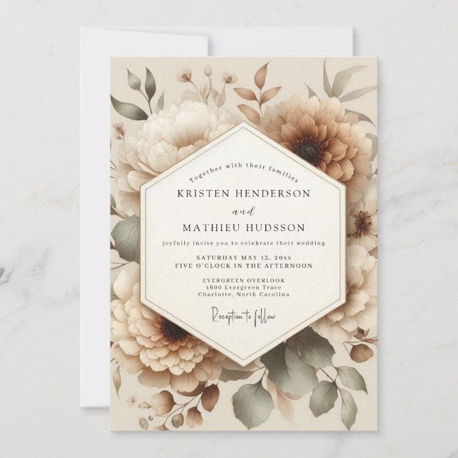 Invitation Mariage romantique floral beige (Devant)