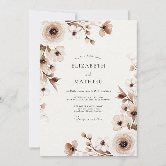 Invitation Mariage Romantique Floral Beige (Devant)