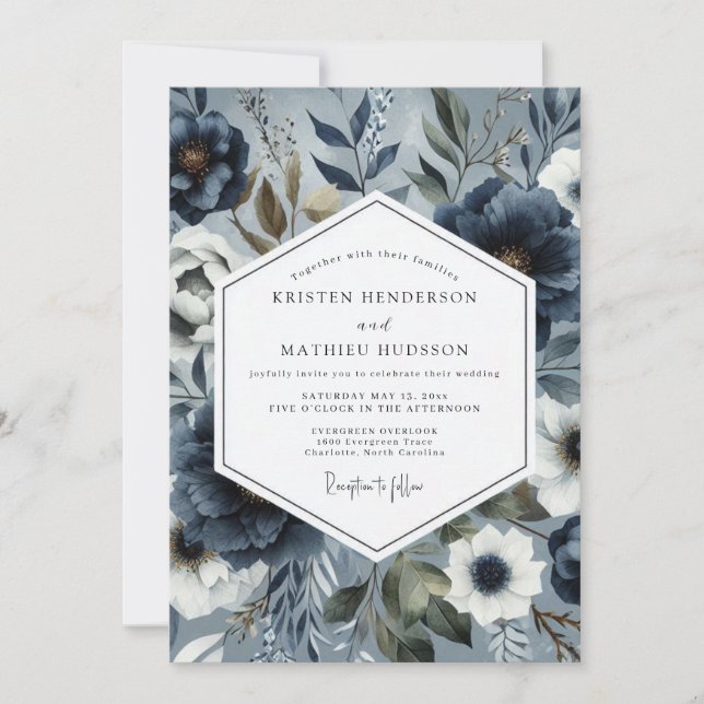 Invitation Mariage Romantique Floral Bleu Ardoise (Devant)