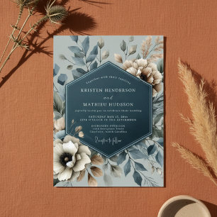 Invitation Mariage Romantique Floral Bleu Ardoise