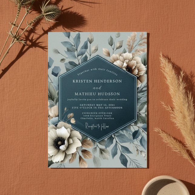 Invitation Mariage Romantique Floral Bleu Ardoise (Créateur téléchargé)