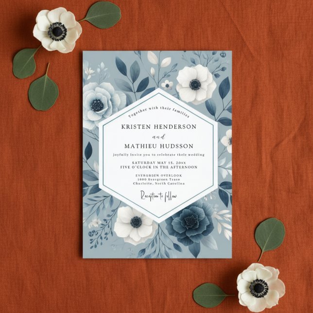 Invitation Mariage Romantique Floral Bleu Ardoise (Créateur téléchargé)