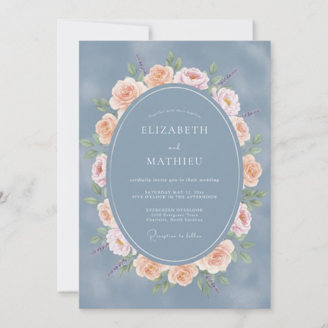 Invitation Mariage Romantique Floral Bleu Ardoise (Devant)