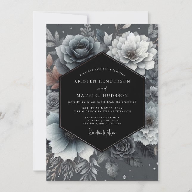Invitation Mariage Romantique Floral Bleu Ardoise Humeur (Devant)
