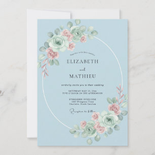 Invitation Mariage Romantique Floral Bleu Ciel