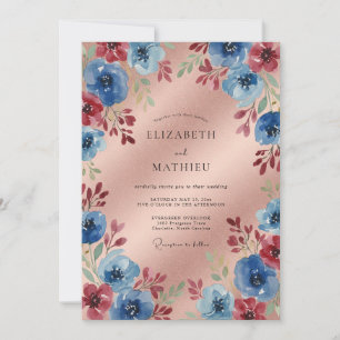 Invitation Mariage Romantique Floral Bleu Cramoisi