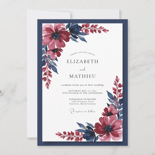 Invitation Mariage romantique floral bleu de Bourgogne (Devant)
