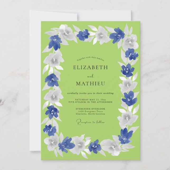 Invitation Mariage Romantique Floral Bleu de Printemps (Devant)