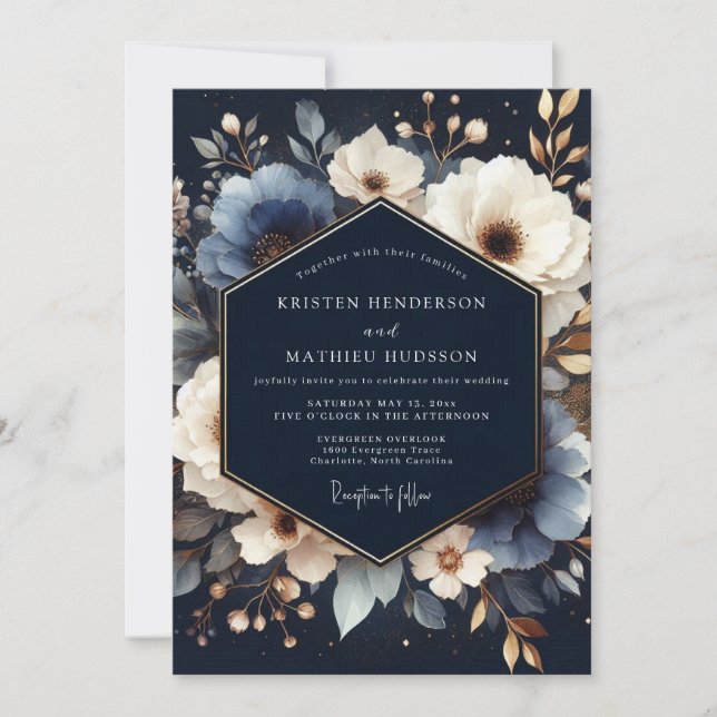 Invitation Mariage Romantique Floral Bleu Marine (Devant)
