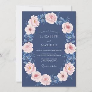 Invitation Mariage Romantique Floral Bleu Marine et Rose
