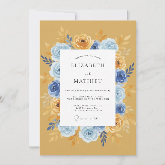 Invitation Mariage Romantique Floral Bleu Or (Devant)