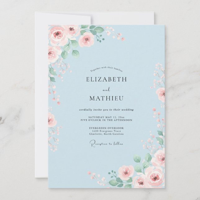 Invitation Mariage Romantique Floral Bleu Poudre (Devant)