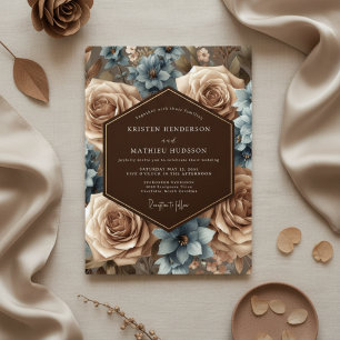 Invitation Mariage Romantique Floral Bleu Poussiéreux