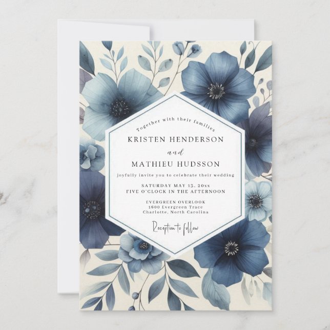 Invitation Mariage Romantique Floral Bleu Profond (Devant)