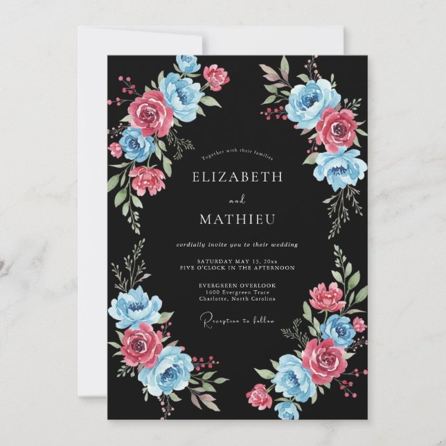 Invitation Mariage romantique floral bleu rose (Devant)