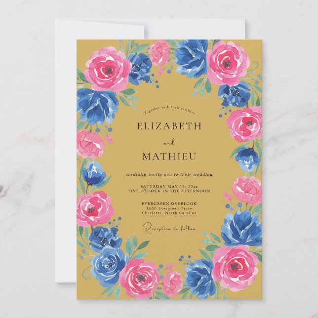 Invitation Mariage Romantique Floral Bleu Rose (Devant)