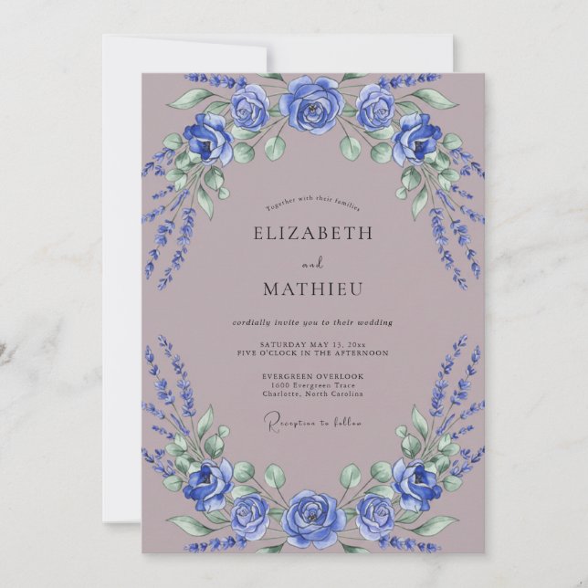 Invitation Mariage Romantique Floral Bleu Royal (Devant)