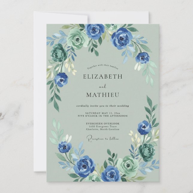 Invitation Mariage Romantique Floral Bleu Vert (Devant)