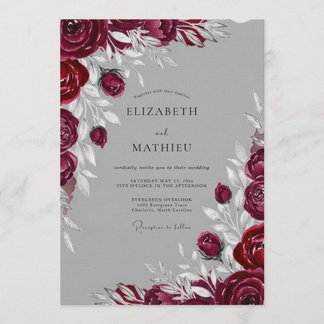 Invitation Mariage Romantique Floral Bourguignon (Devant)