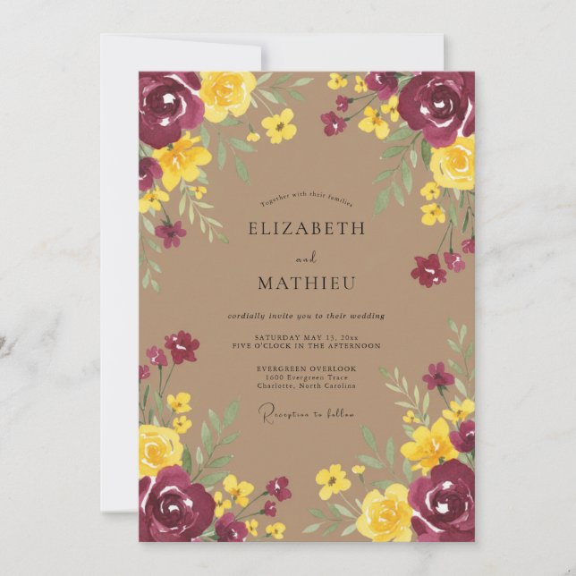 Invitation Mariage Romantique Floral Bourguignon Jaune (Devant)
