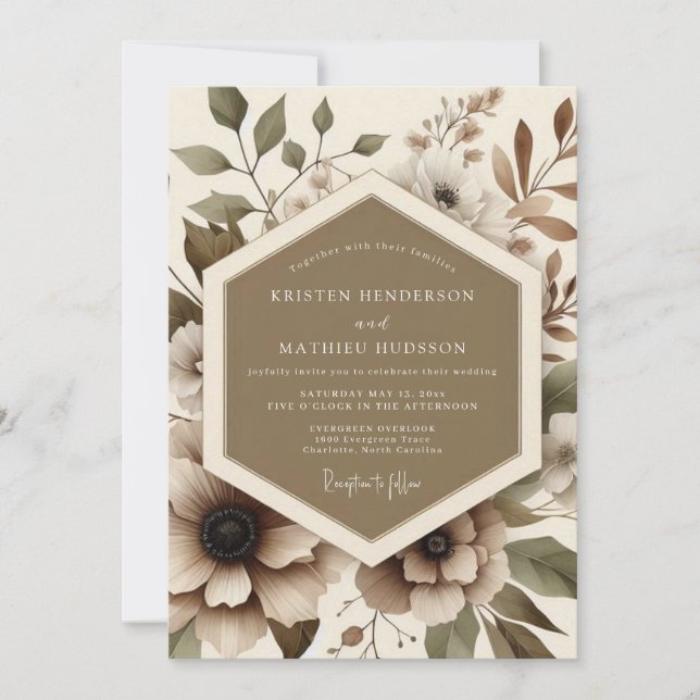 Invitation Mariage Romantique Floral Brun (Devant)
