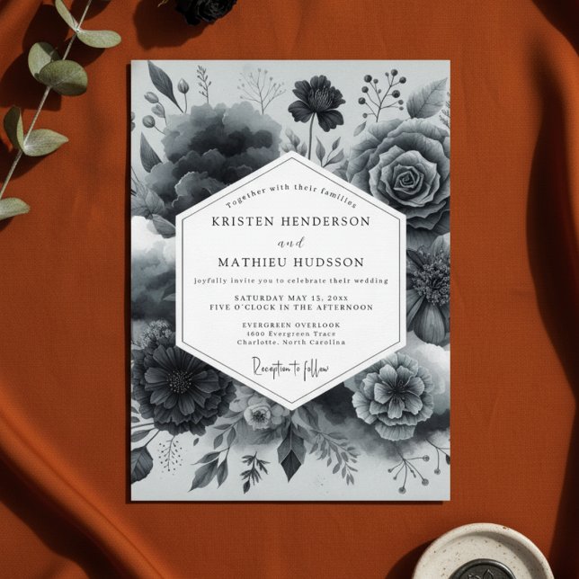 Invitation Mariage Romantique Floral Charbon (Créateur téléchargé)